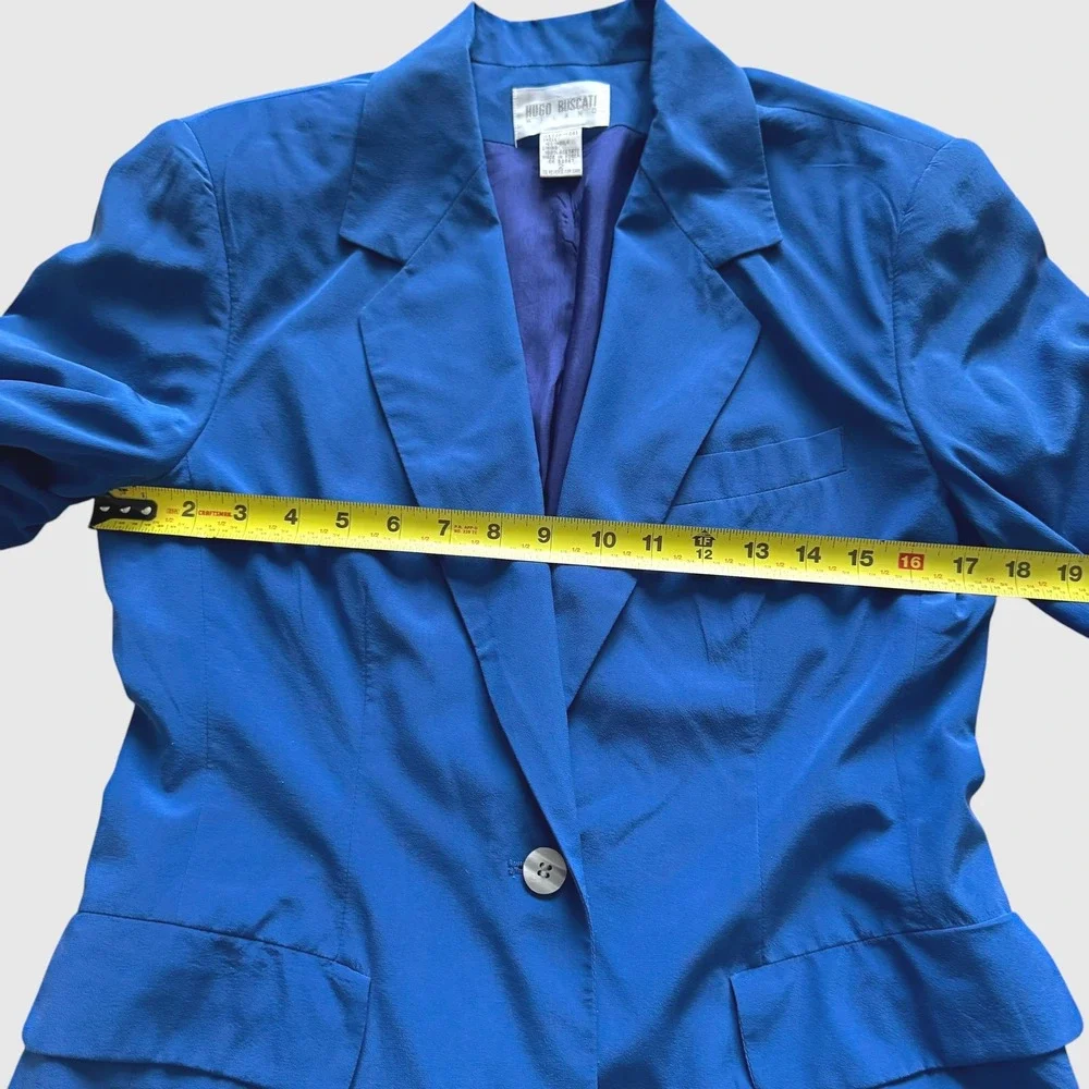 Hugo Buscati Milano Vintage Royal Blue 100% Silk Blazer Wrap Skirt Suit Set 2 4